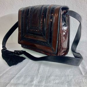 SHARIF Black&Brown Croc embossed Leather Flap Crossbody Bag USA Made